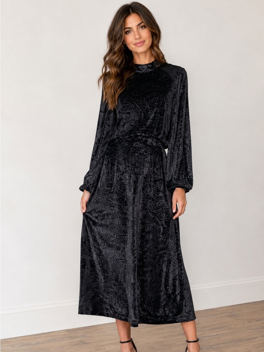 Emily Lovelock Long Sleeve Velvet Midi Dress - US size 8-10